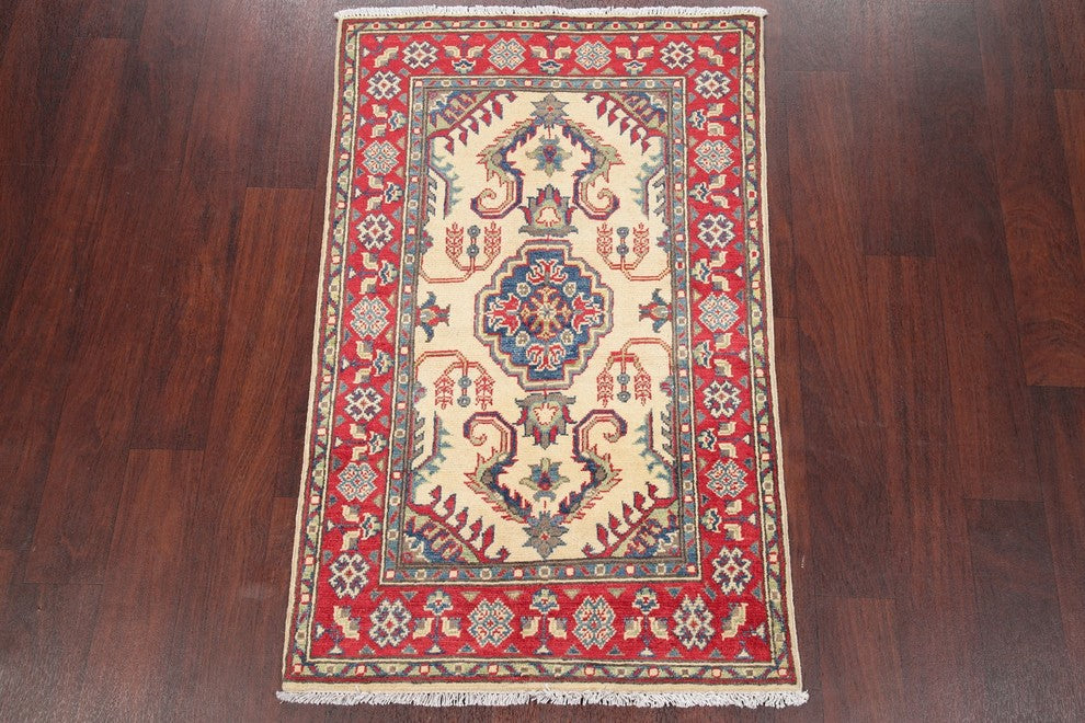 Pakistani Hand-Knotted Oriental Kazak Traditional Area Rug, Beige, 4'3"X2'8"