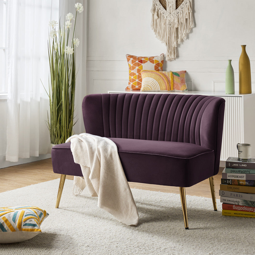 Velvet Tufted Loveseat Sofa With Golden Base, Purple