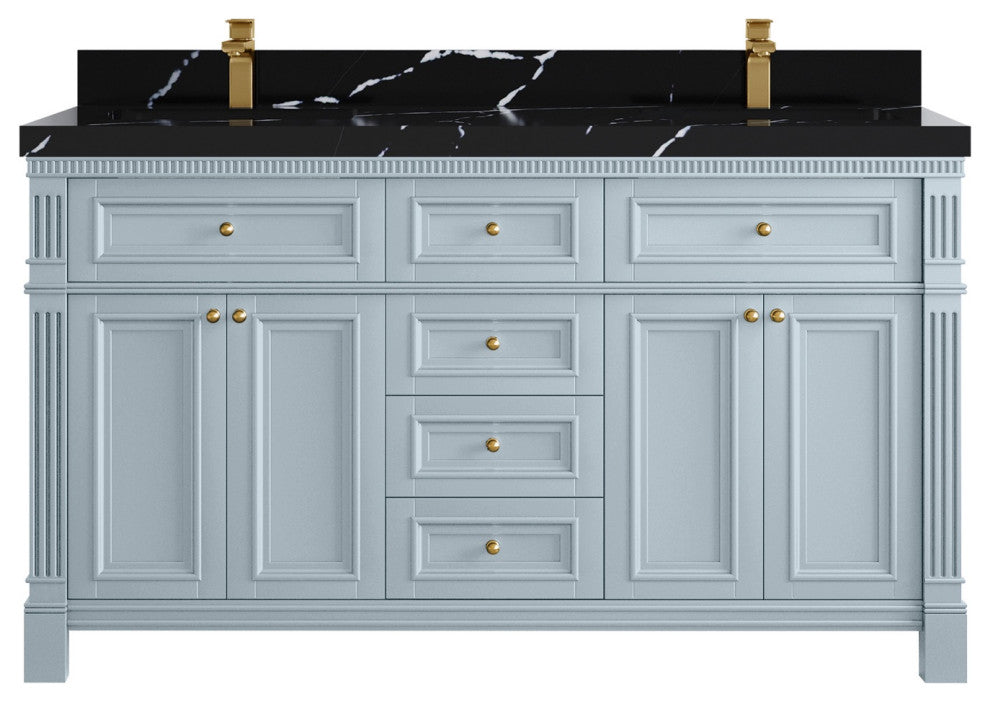 Paris 60" Double Sink Bathroom Vanity, Blue Heather 2" Calacatta Black