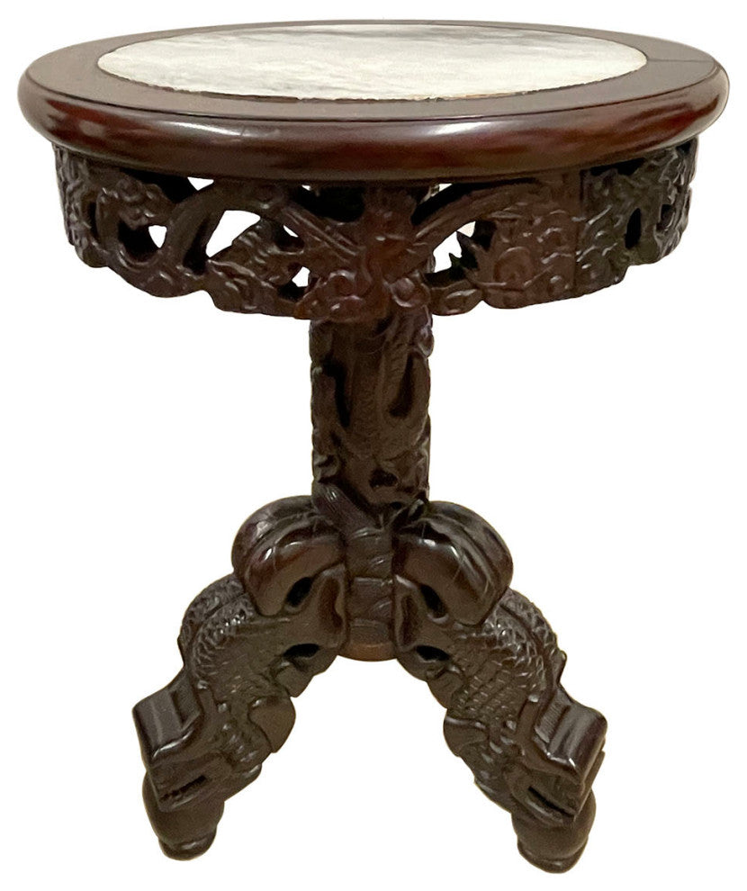 Consigned 20 Century Chinese Marble Top Hardwood Carved Round Dinning Table set