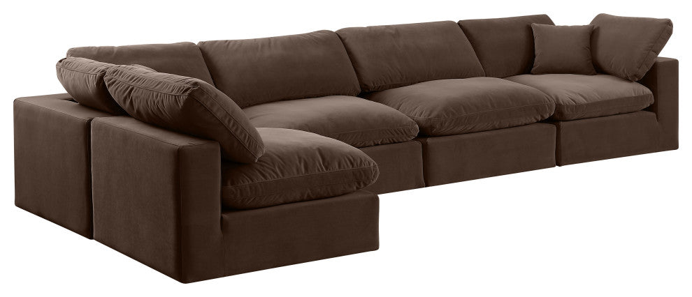 Comfy Upholstered L-Shaped Modular Sectional, Brown, 5-Piece: 3 Armless Chair, 2 Corner Chair, Velvet