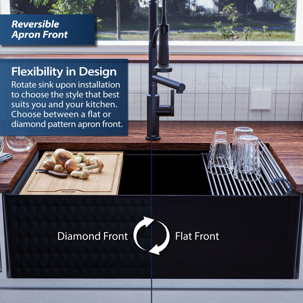 Karran 33 in. Single Bowl Workstation Fireclay Sink with Reversible Apron, Matte Black