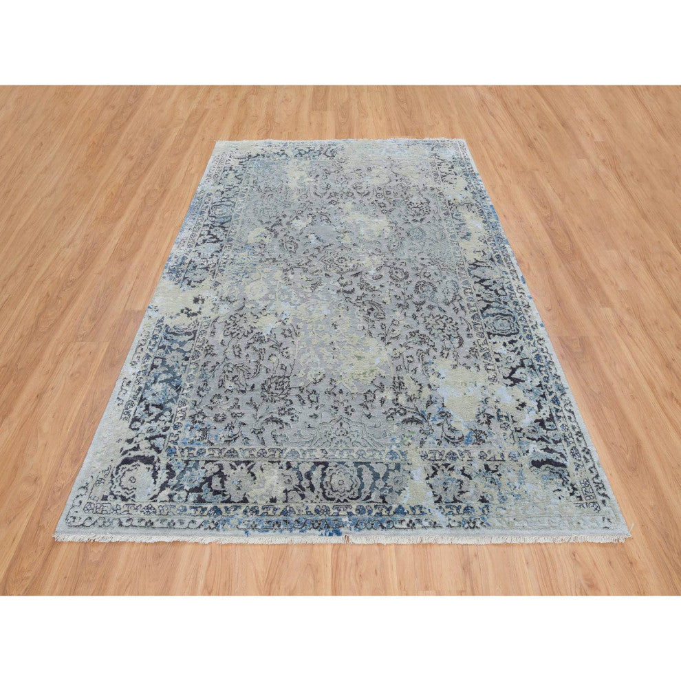 Light Gray Pure Silk With Wool Hand Knotted Broken Kashan Design Rug, 6'0"x9'0"