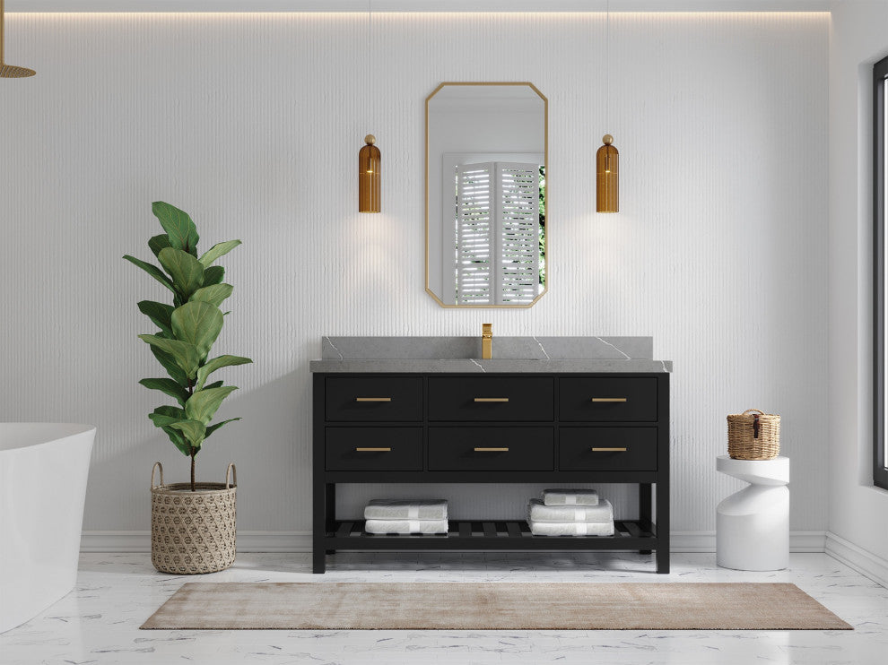 Parker 60" Single Sink Bath Vanity, Black 2" Piatra Gray