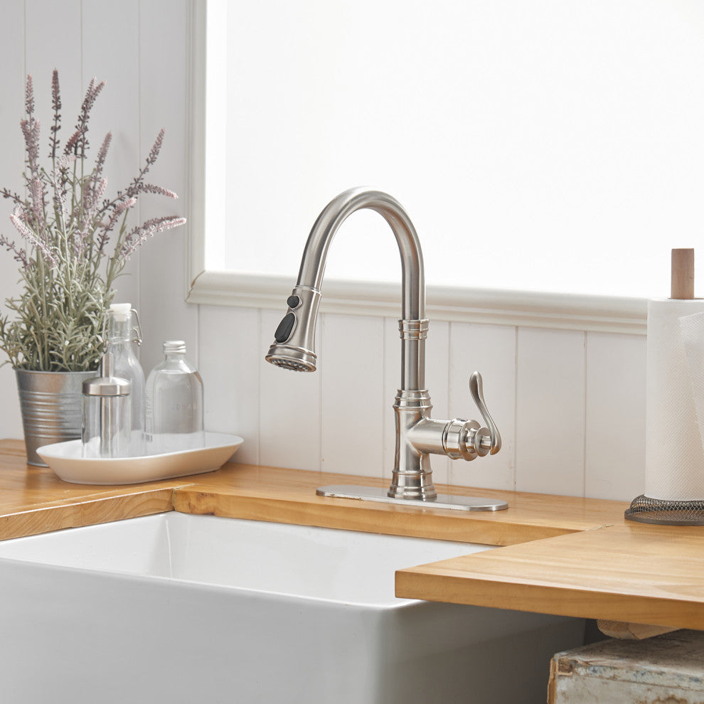 Wellfor Single Level Stainless Steel Kitchen Sink Faucet With Pull down Sprayer, Brushed Nickel