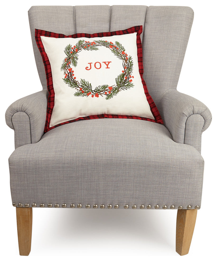 Joy Rustic Wreath Embroidered Pillow