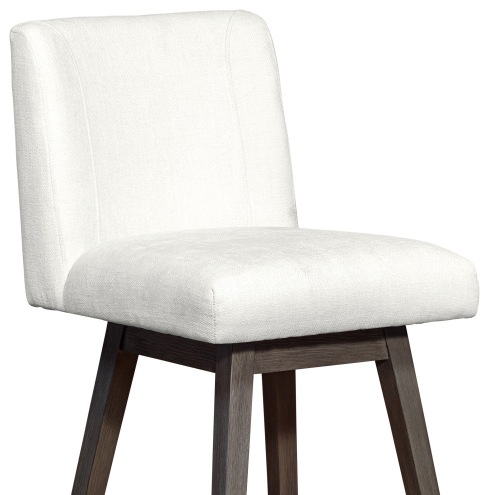 Basila Swivel Counter Stool in Grey Oak Wood Finish with Pearl Fabric