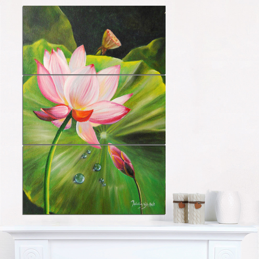 "Lotus and Water drops" Painting Metal Wall Art, 3 Panels, 28"x36"
