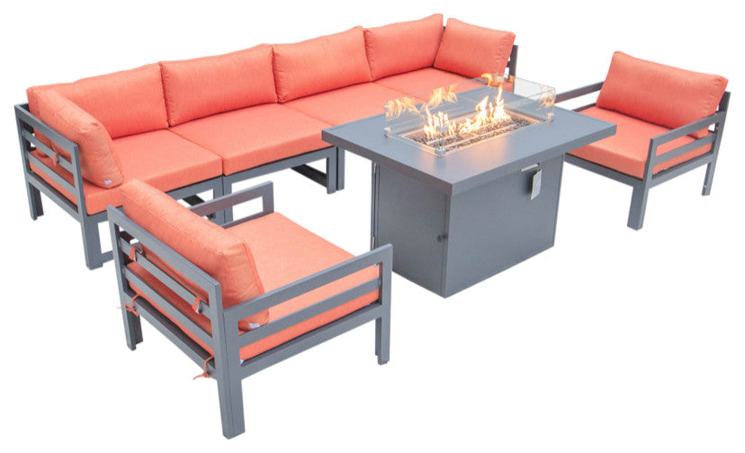 LeisureMod Chelsea 7-Piece Outdoor Sectional With Fire Pit Table, Orange