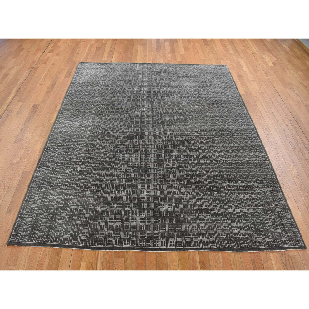 Chocolate Brown, Small Box Design, Wool and Silk, Hand Knotted, Rug, 8'1"x9'9"