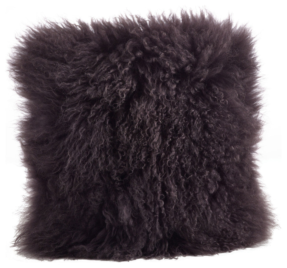 Mongolian Lamb Fur Poly Filled Throw Pillow, Gray, 20"x20"