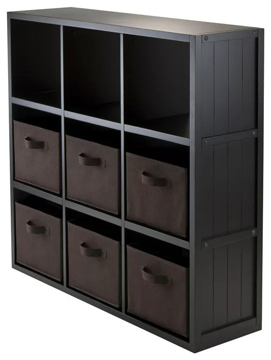 Transitional Bookcase, 9 Open Cubbies & 6 Foldable Chocolate Baskets, Black