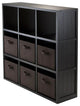 Transitional Bookcase, 9 Open Cubbies & 6 Foldable Chocolate Baskets, Black