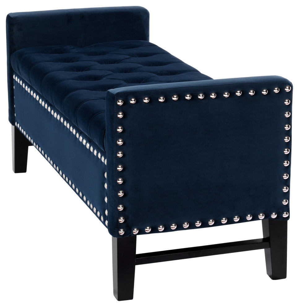 Grace Velvet Button Tufted With Silver Nailhead Trim Storage Bench, Navy