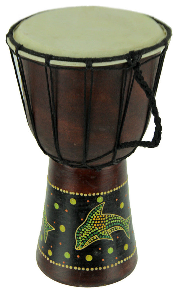 Aboriginal Dot Painted Dolphin Wooden Coastal Theme Djembe Drum 11" Tall