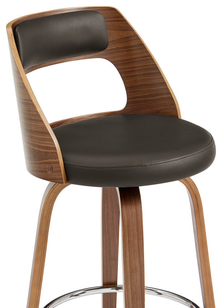 30" Retro Mod Brown Faux Leather and Walnut Swivel Counter Stool