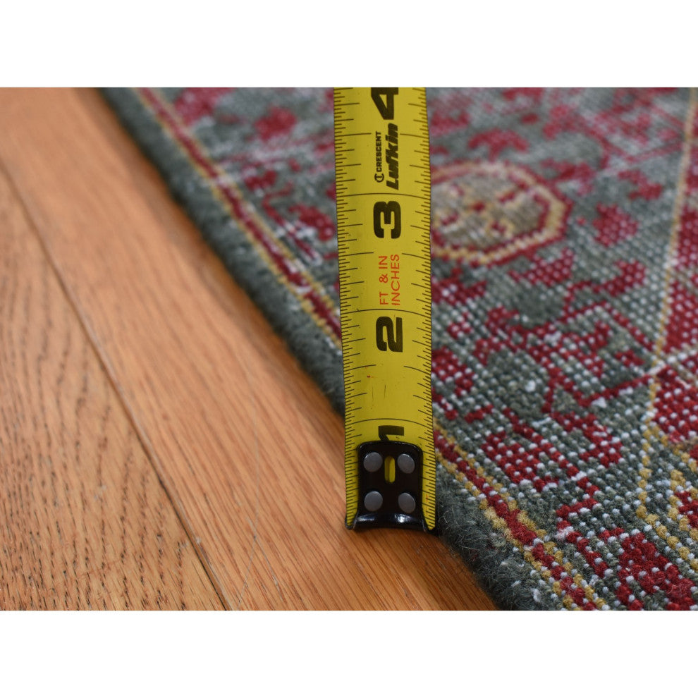 Green, Vintage Look Mamluk, Worn Wool Hand Knotted Runner Rug, 2'6"x9'10"