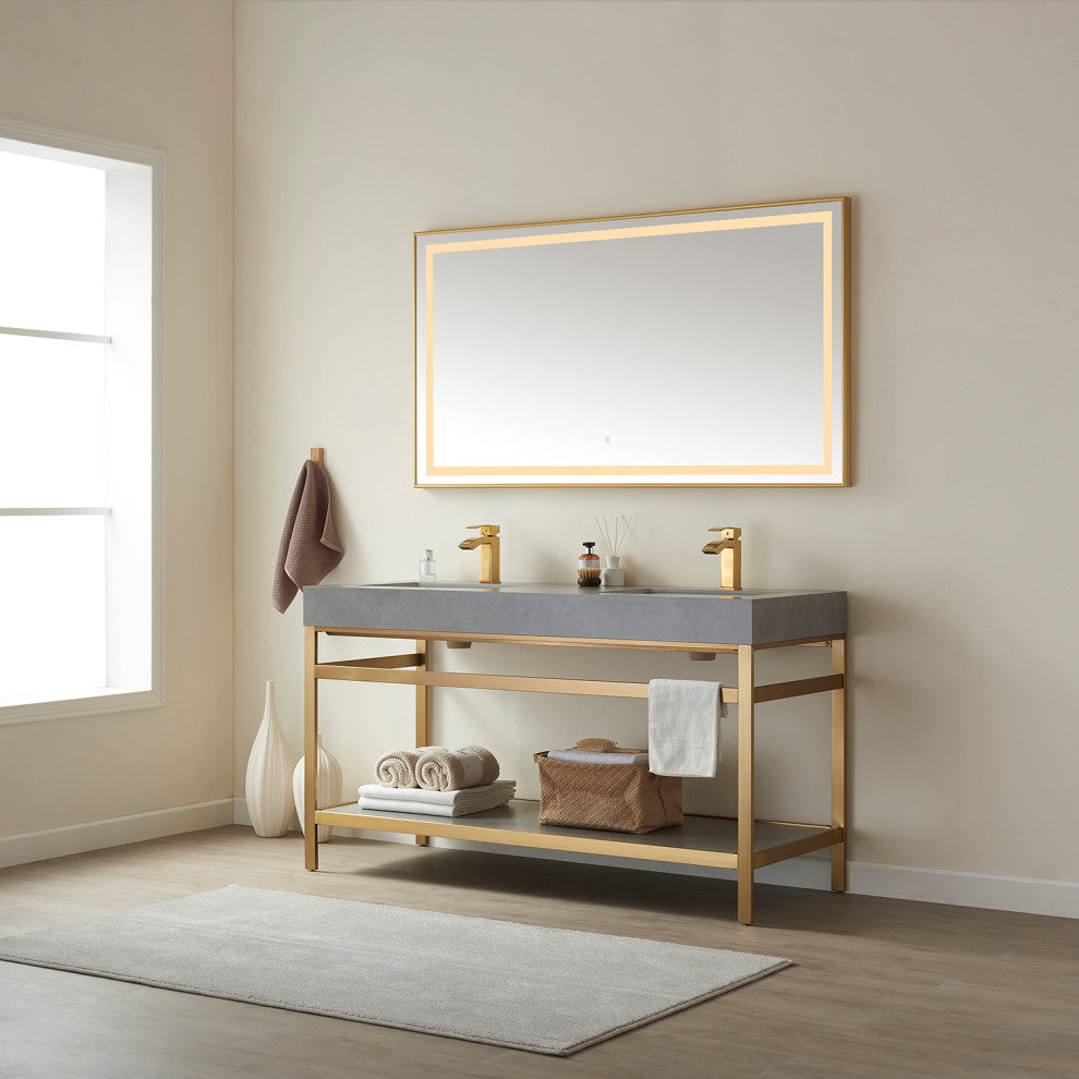 Funes Bath Vanity with Mirror, Brushed Gold Support, 60" Double Sink, Grey Stone Top