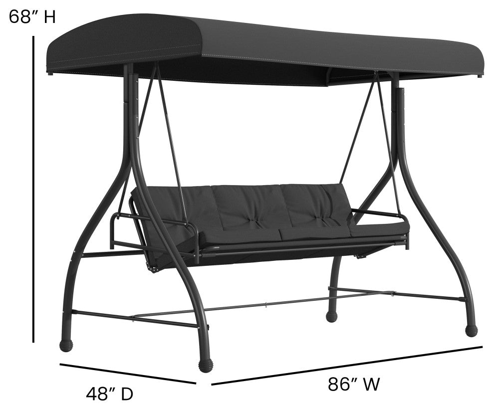 3-Seat Outdoor Steel Converting Patio Swing Canopy Hammock With Cushions, Black