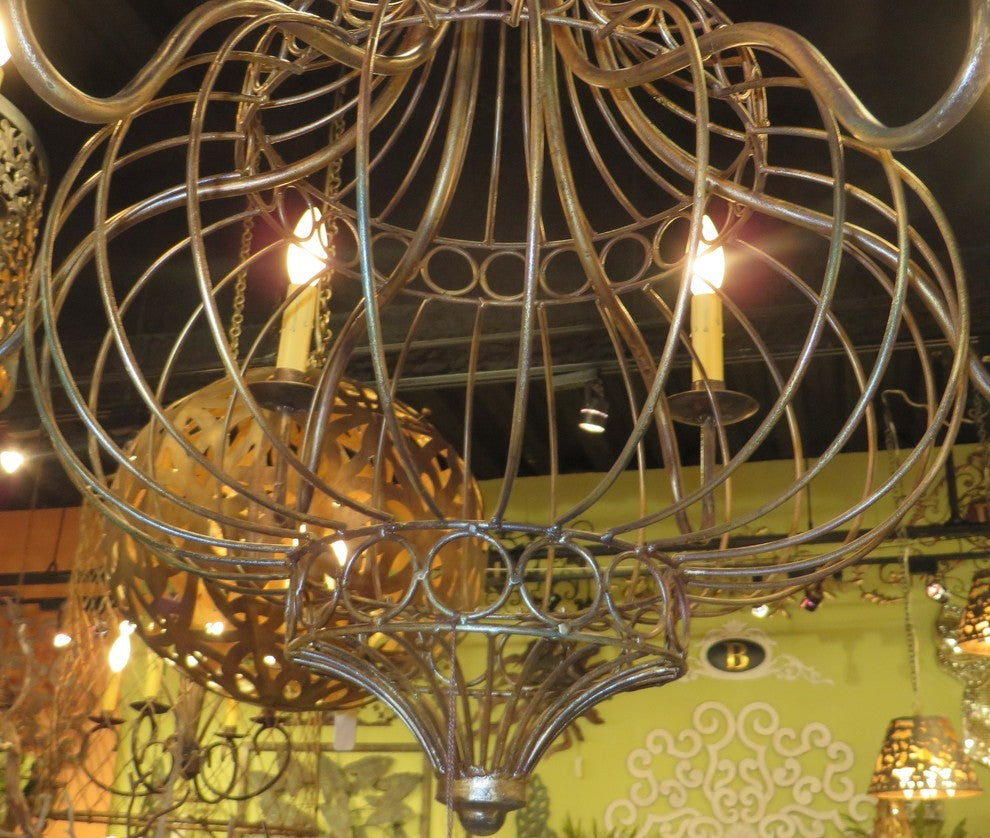 Bronze Iron French Basket Candle Chandelier, Romantic Country Cottage Globe