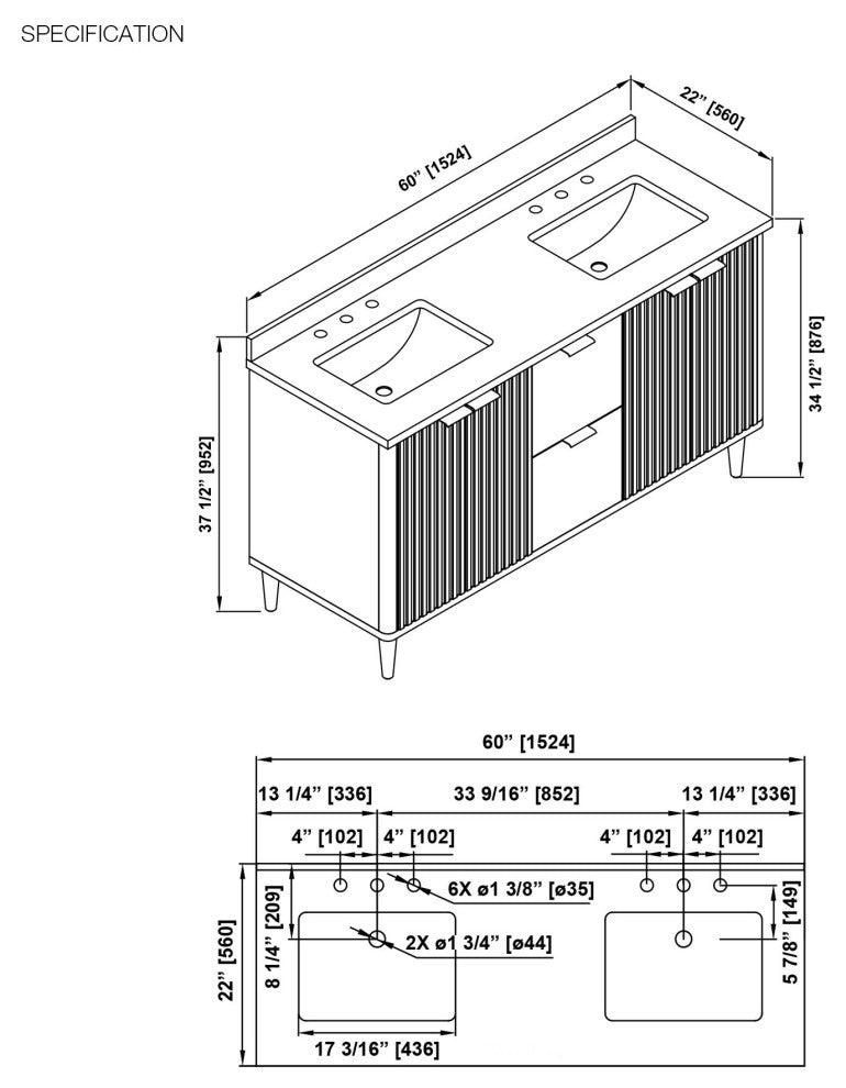 OVE Decors Gabi Single Sink Bathroom Vanity, Warm Walnut, 60", Double Sink