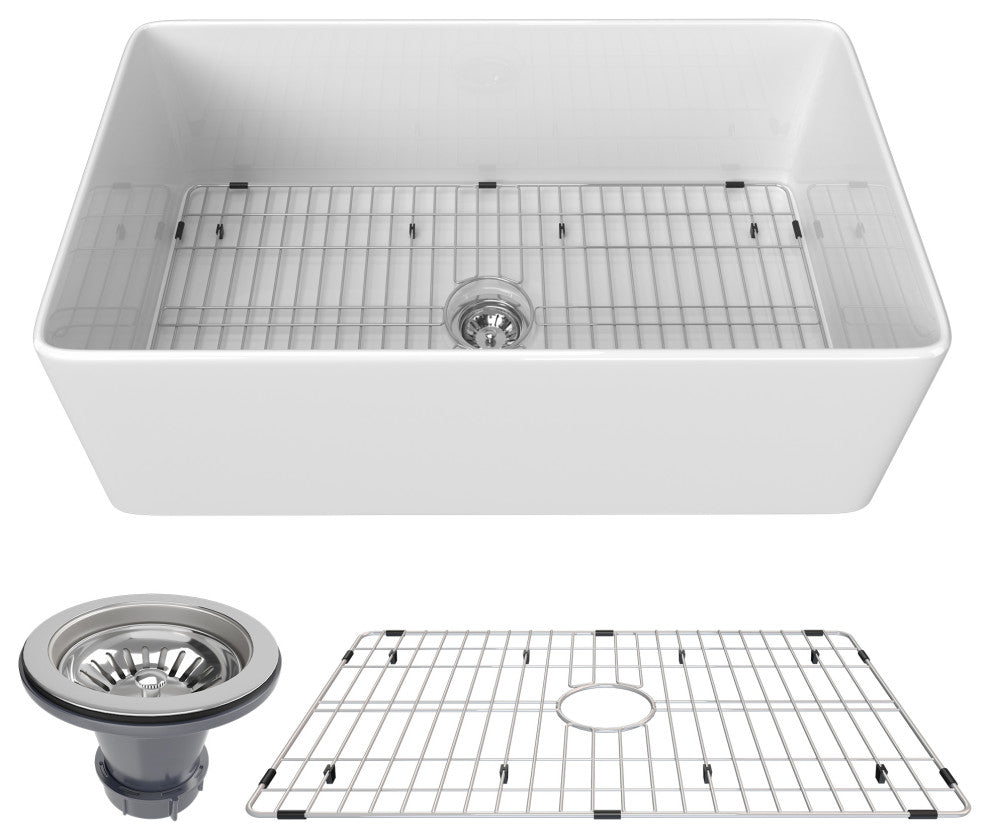 White Ceramic Single Bowl Farmhouse Apron Kitchen Sink with Sink Grid, 36"18"