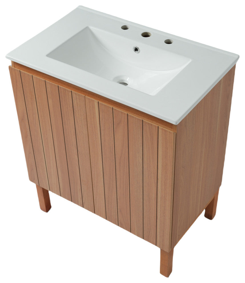 GDF Studio 30" Bathroom Vanity With Ceramic Sink & Free-Handle Doors, Natural