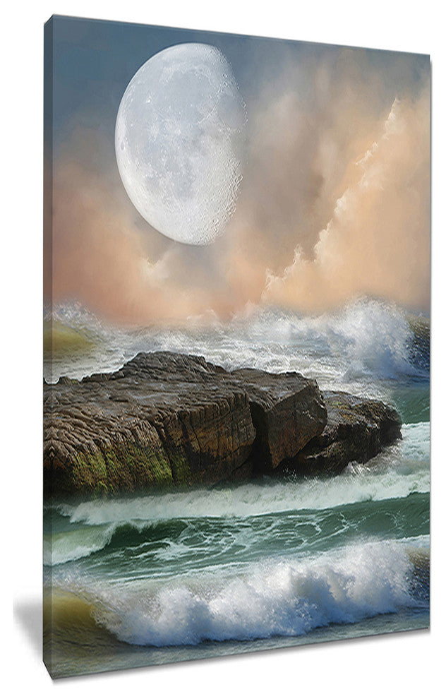 "Roaring Ocean Under Large Moon" Seascape Canvas Photo Print, 16"x32"