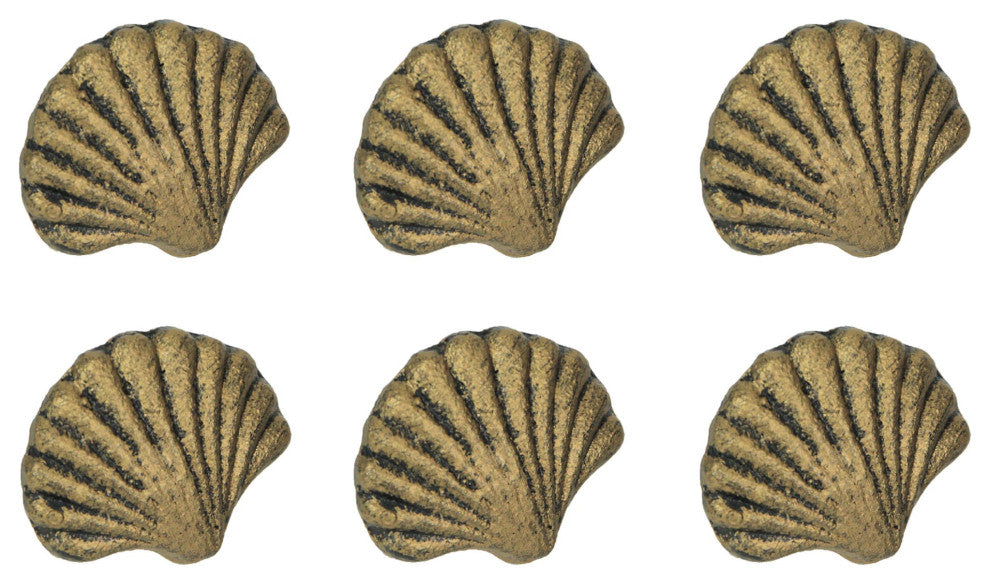 Set of 6 Gold Cast Iron Scallop Sea Shell Drawer Pulls Nautical Cabinet Knobs