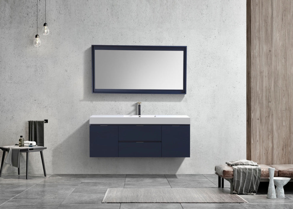 Bliss 60" Single Sink Blue Wall Mount Modern Bathroom Vanity
