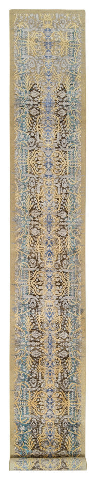 Tan Hand Knotted Transitional Sarouk Silk With Wool XL Runner Rug, 2'6"x18'0"