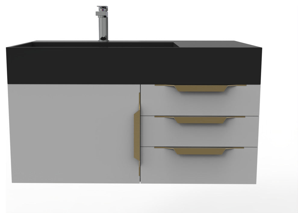 CastelloUSA Amazon 36" Wall Mount Vanity Set, Gray, Black Top, Gold Handles