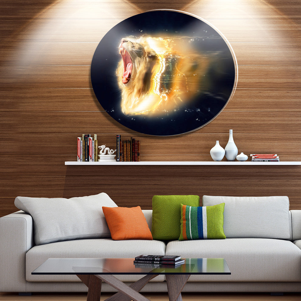 White Lion With Open Jaws, Animal Round Wall Art, 36"