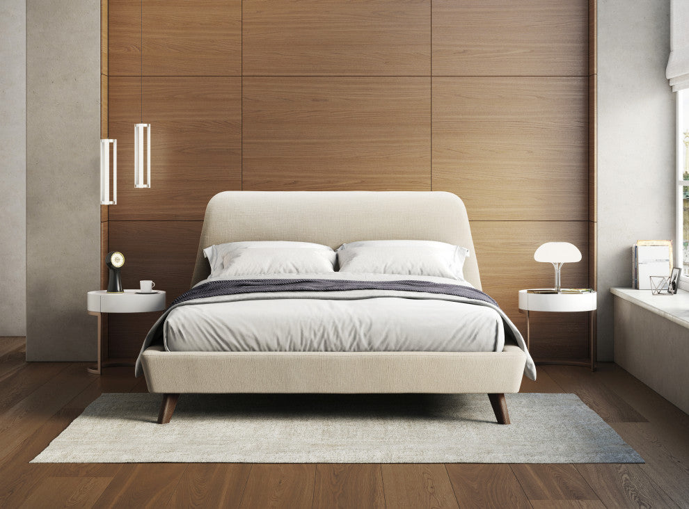 Henry Mid-Century Modern Upholstered Platform Bed, Beige, Queen