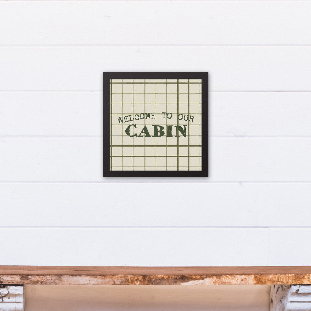 Welcome to our Cabin Green and Cream Check 13.73x13.73 Black Framed Canvas