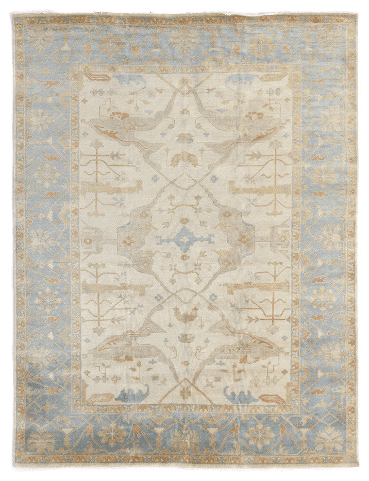 Antique Weave Oushak Hand-Knotted New Zealand Wool Ivory/Blue Area Rug, 8'x10'