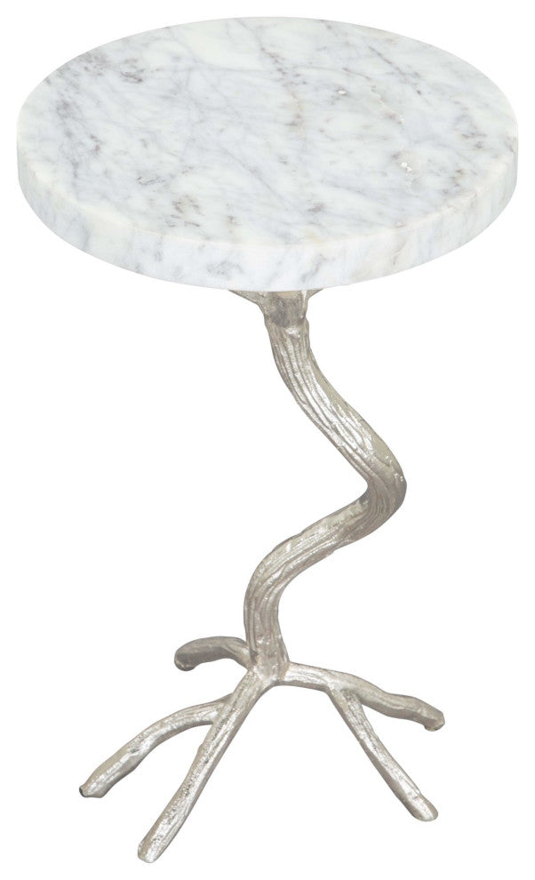 Sofa Side Table, Round, Artificial Marble, Aluminum Metal, White, Silver