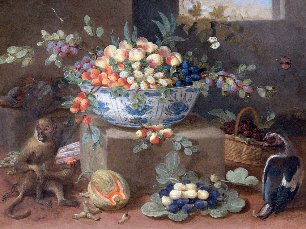 Fruit Bowl Berries Basket Monkey Bird Tile Mural Backsplash Art, 6"x8", Matte