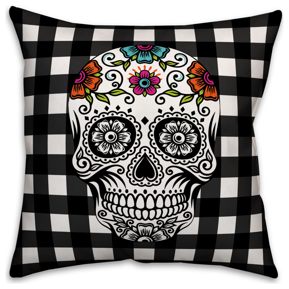 Buffalo Check Sugar Skull 18x18 Spun Poly Pillow
