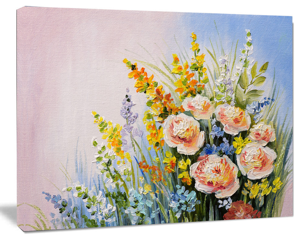 Abstract Bouquet of Summer Flowers, Flower Artwork on Canvas, 40"x30"