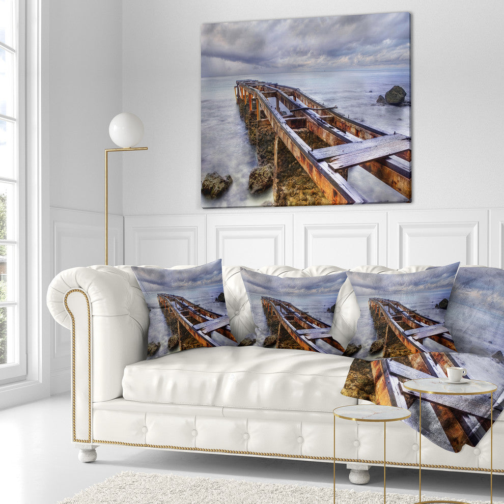 Old Rusty Pier in Cloudy Day Seashore Photo Throw Pillow, 16"x16"