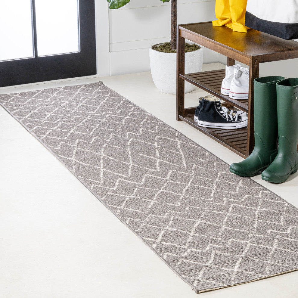 Madaba Moroccan Trellis Indoor/Outdoor Gray/Cream 2 ft. x 10 ft. Runner Rug