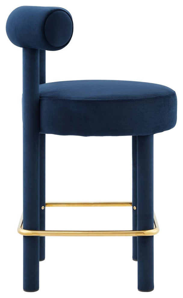 Toulouse Performance Velvet Counter Stool, Curved Round Bolster Kitchen Stool, Blue