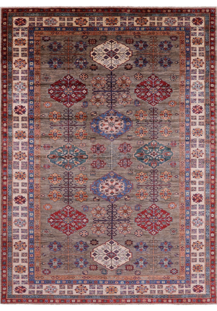 8' 2" X 11' 1" Handmade Geometric Super Kazak Wool Rug Q9865