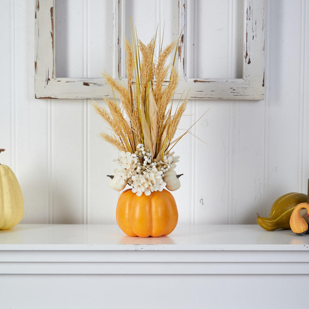 21 Autumn Dried Wheat and Pumpkin Fall Arrangement in Decorative Pumpkin Vase