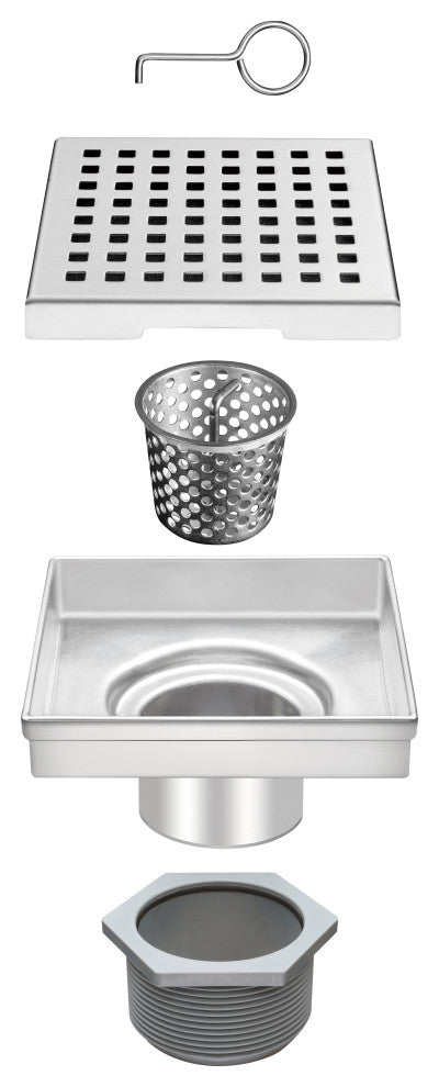 HEATGENE Square Shower Drain With Flat Cover and Base Flange, Brush, 6"