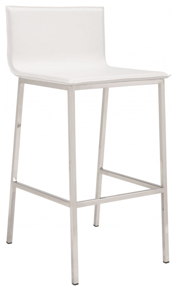 Set of Two Designer White Faux Leather and Steel Barstools