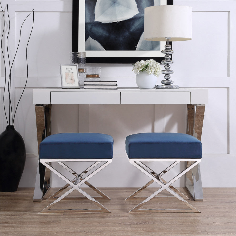 Oria Velvet X-Leg Chrome or Gold Base Ottoman, Navy/ Chrome