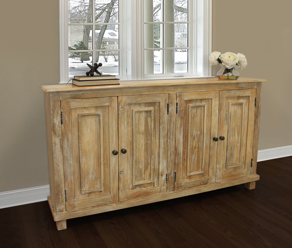 Bayside Jensen 4-Door Solid Wood Sideboard, Distressed Natural Finish