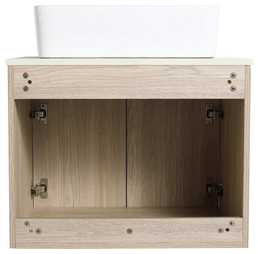 Wall-Mounted Bath Vanity, White Oak, White Ceramic Vessel Sink